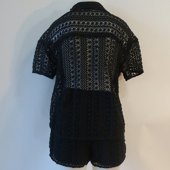 NWT Benaar LA Jeiley Black 2Pc Set Crochet Gauzy Contrast Collared Top Short M C - Picture 12 of 16